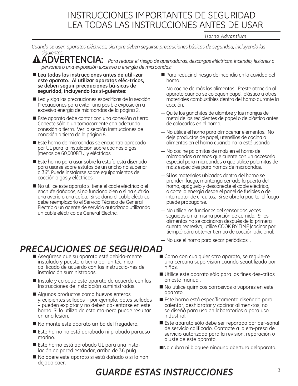 Precauciones de seguridad, Guarde estas instrucciones, Aadvertencia | GE ZSA1202RSS User Manual | Page 43 / 80