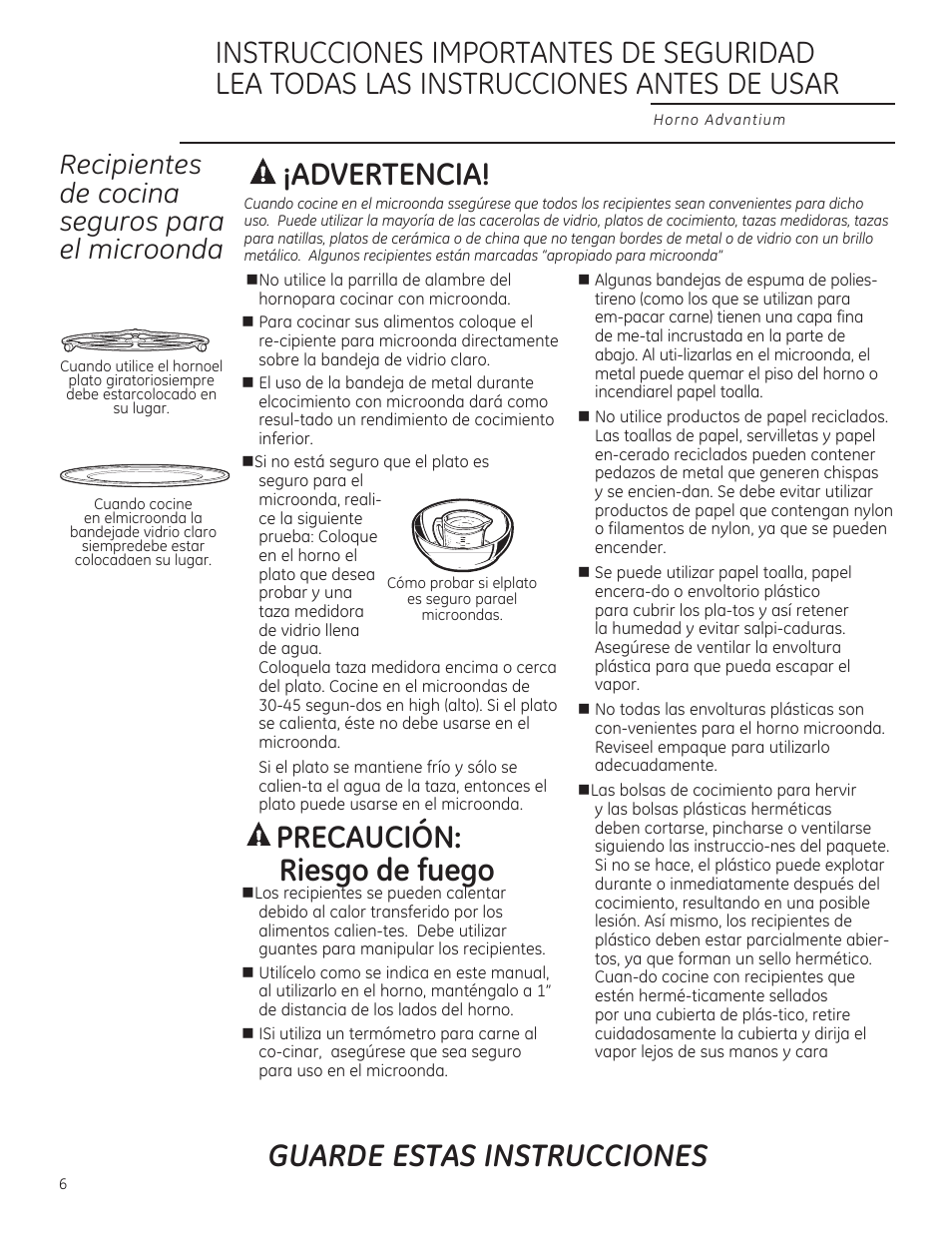 Guarde estas instrucciones, Recipientes de cocino seguros poro el microonda, A ¡advertencia | A precaución: riesgo de fuego | GE ZSA1202RSS User Manual | Page 46 / 80