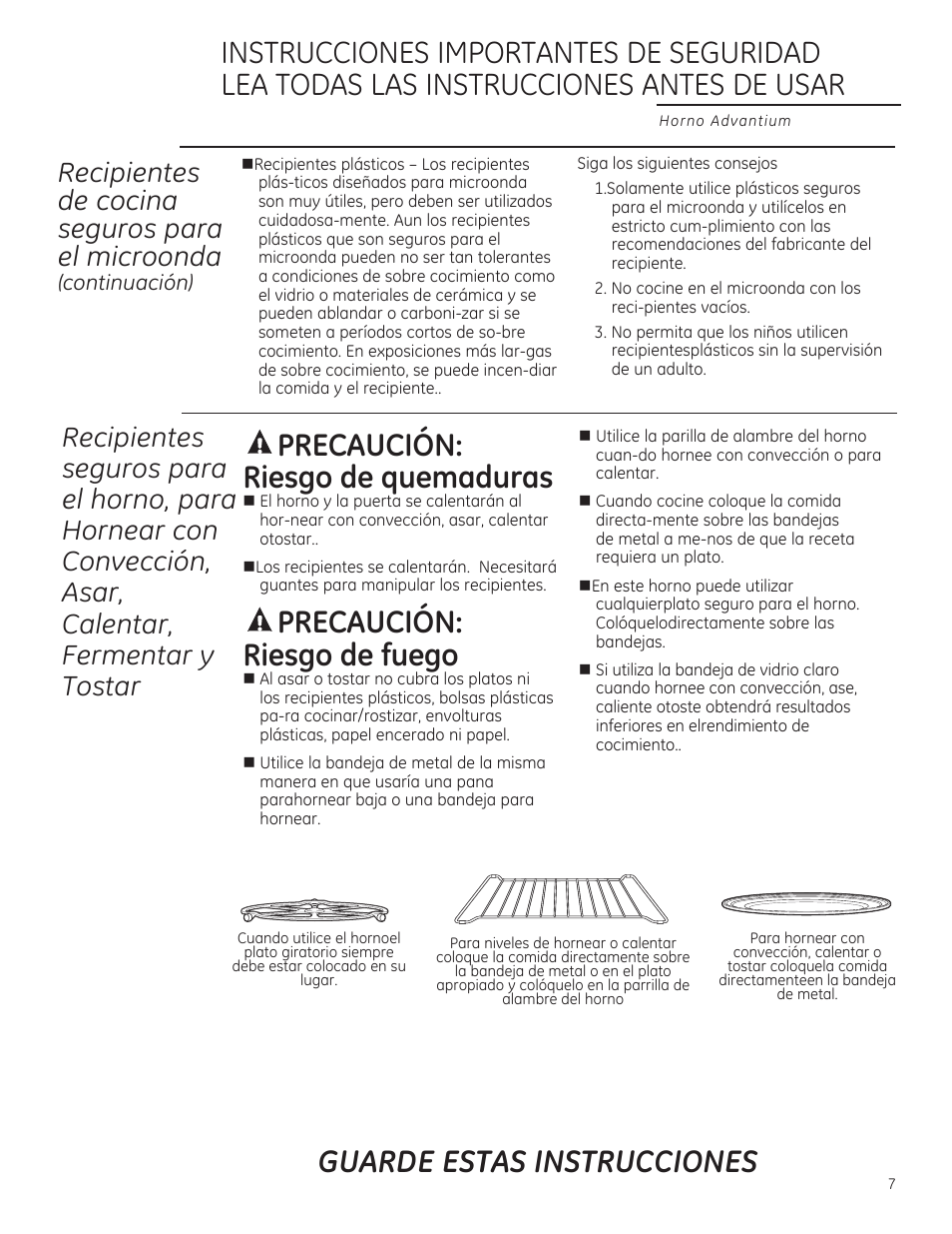 Guarde estas instrucciones, Recipientes de cocino seguros poro el microonda, Recipientes | GE ZSA1202RSS User Manual | Page 47 / 80