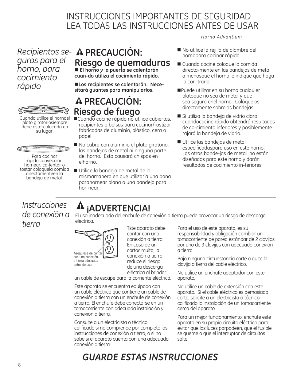 Guarde estas instrucciones, Recipientos se^i, Guros para el homo, para cocimiento rápido | Instrucciones de conexión o tierra, Precaución, Riesgo de quemaduras, A precaución: riesgo de fuego, Advertencia | GE ZSA1202RSS User Manual | Page 48 / 80