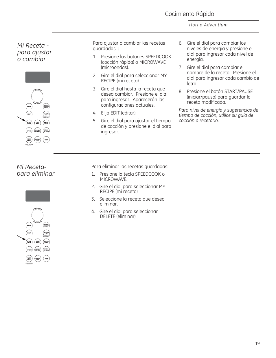 Mi receta - para ajustar a cambiar, Mi receta- para eiiminar, Cocimiento rápido | GE ZSA1202RSS User Manual | Page 59 / 80