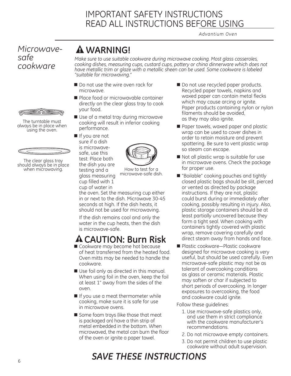 A warning, A caution: burn risk, Save these instructions | Microwove- sofe cookware | GE ZSA1202RSS User Manual | Page 6 / 80