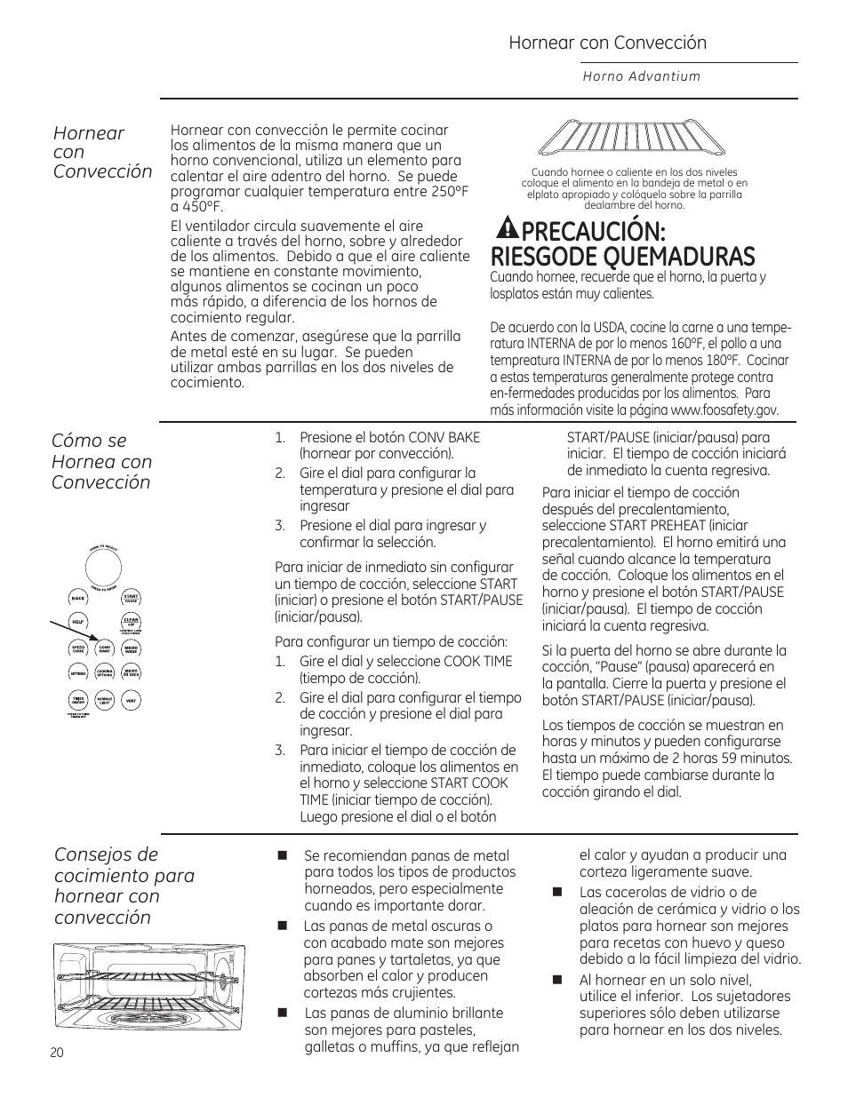 Hornear con convección, Caución: riesgode quemaduras, Cómo se | Horneo con convección, Consejos de cocimiento poro hornear con convección | GE ZSA1202RSS User Manual | Page 60 / 80