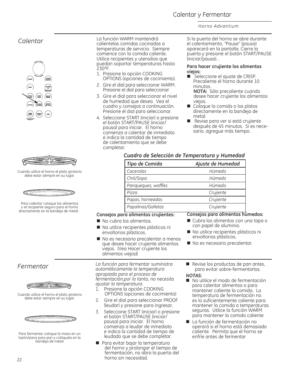 Calentar y fermentar, Calentar, Fermentar | GE ZSA1202RSS User Manual | Page 62 / 80