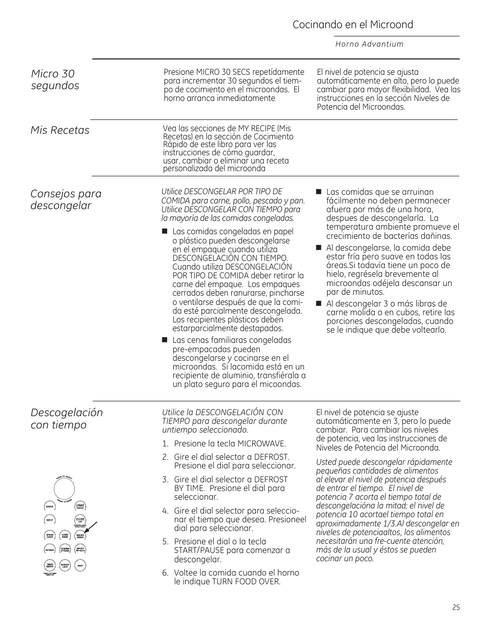 P ft, Micro 30 segundos, Mis recetas | Consejos poro descongelar, Descogeloción con tiempo, Cocinando en el microond | GE ZSA1202RSS User Manual | Page 65 / 80