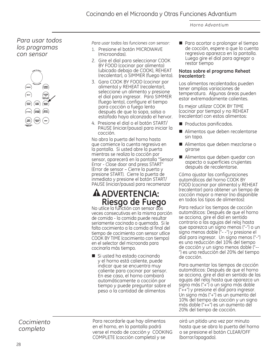 Para usar tadas las pragramas can sensar, Cacimienta campleta, A advertencia: riesgo de fuego | GE ZSA1202RSS User Manual | Page 68 / 80