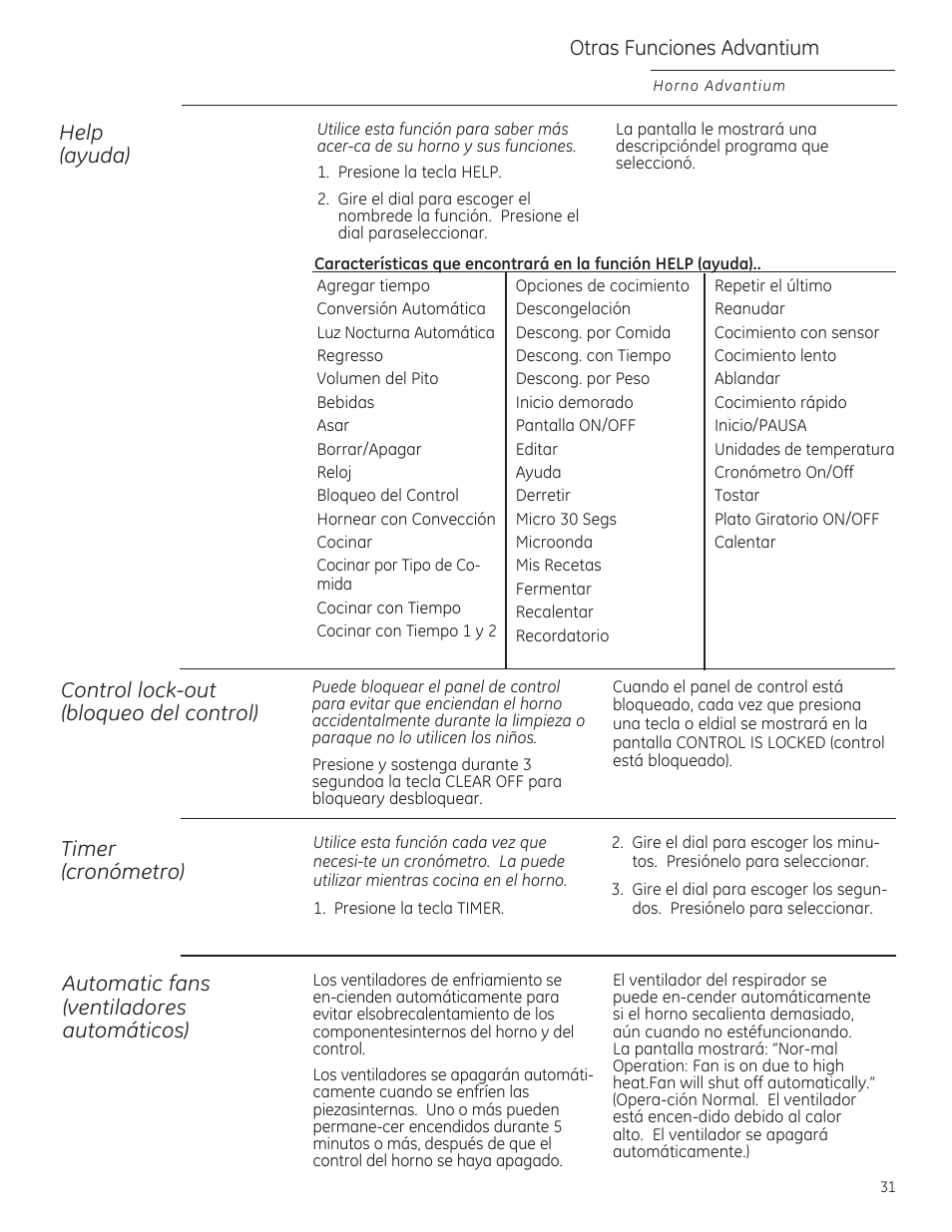 Timer (cranómetra), Autamatic fans (ventiladares autamáticas), Otras funciones advontium | GE ZSA1202RSS User Manual | Page 71 / 80