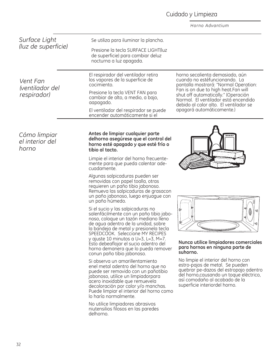 Surface light (luz de superficie), Vent fan (ventilodor del respirodor), Cómo limpiar el interior del horno | Cuidado y limpieza | GE ZSA1202RSS User Manual | Page 72 / 80