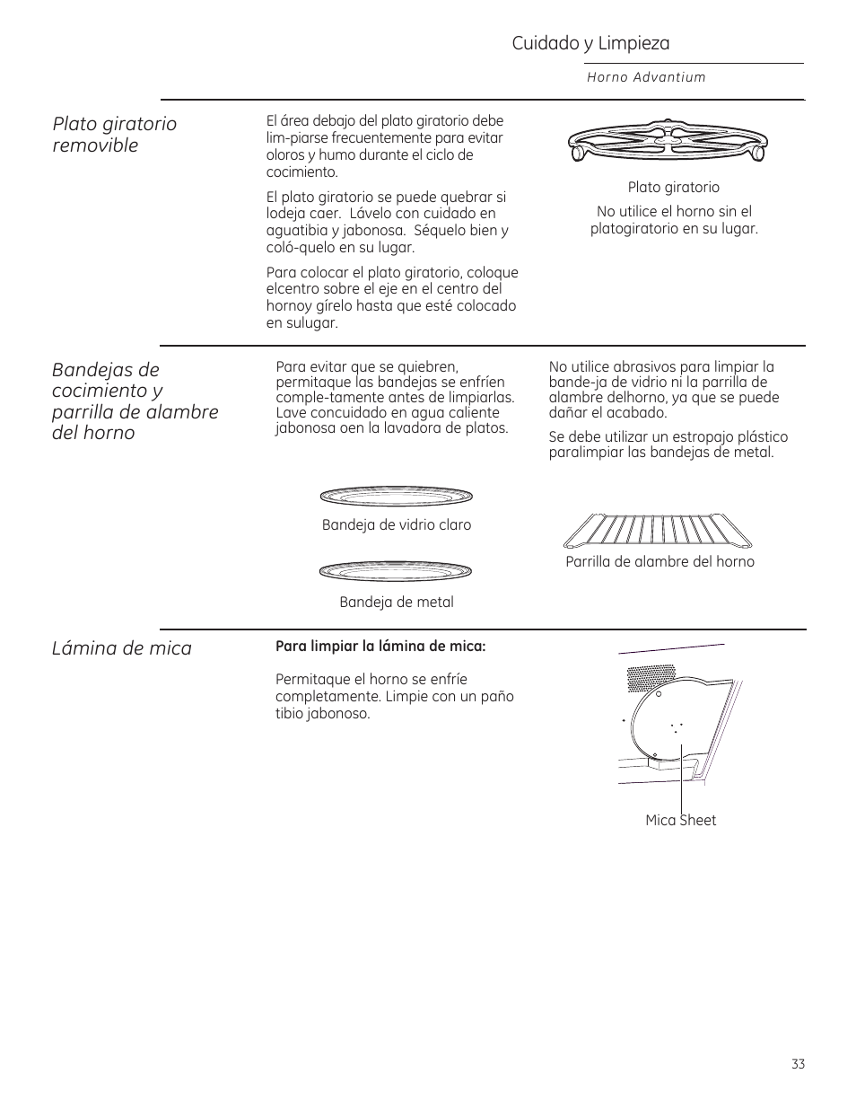 Plato giratorio removible, Lámina de mica, Cuidado у limpieza | GE ZSA1202RSS User Manual | Page 73 / 80