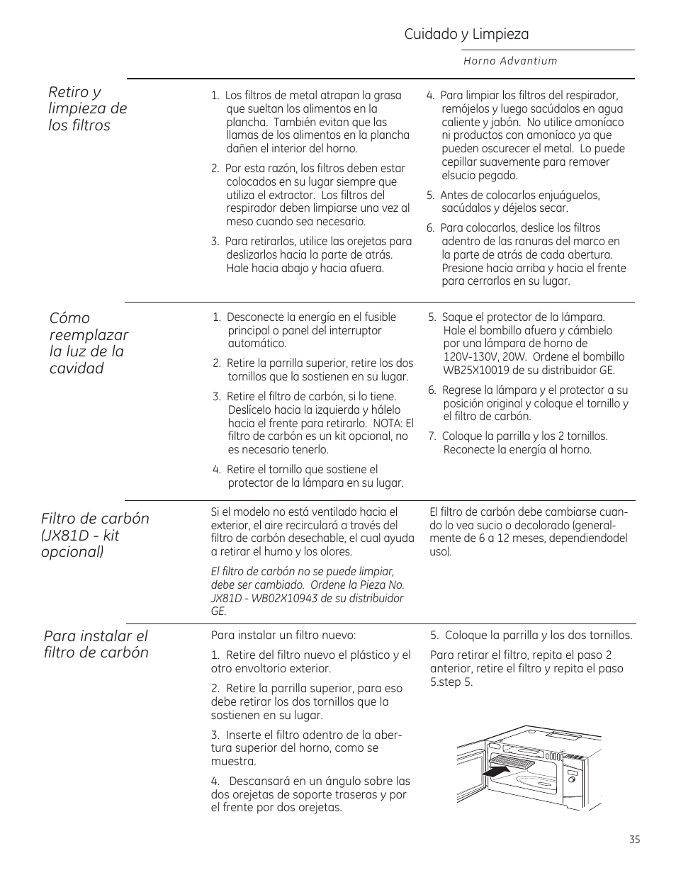 Retiro y limpieza de los filtros, Cuidado y limpieza | GE ZSA1202RSS User Manual | Page 75 / 80