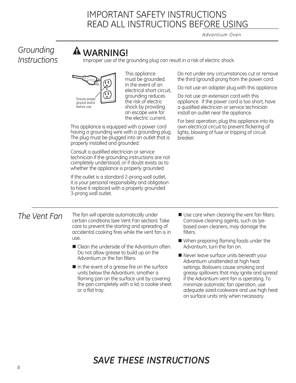 A warning, Save these instructions, Grounding instructions | The vent fan | GE ZSA1202RSS User Manual | Page 8 / 80