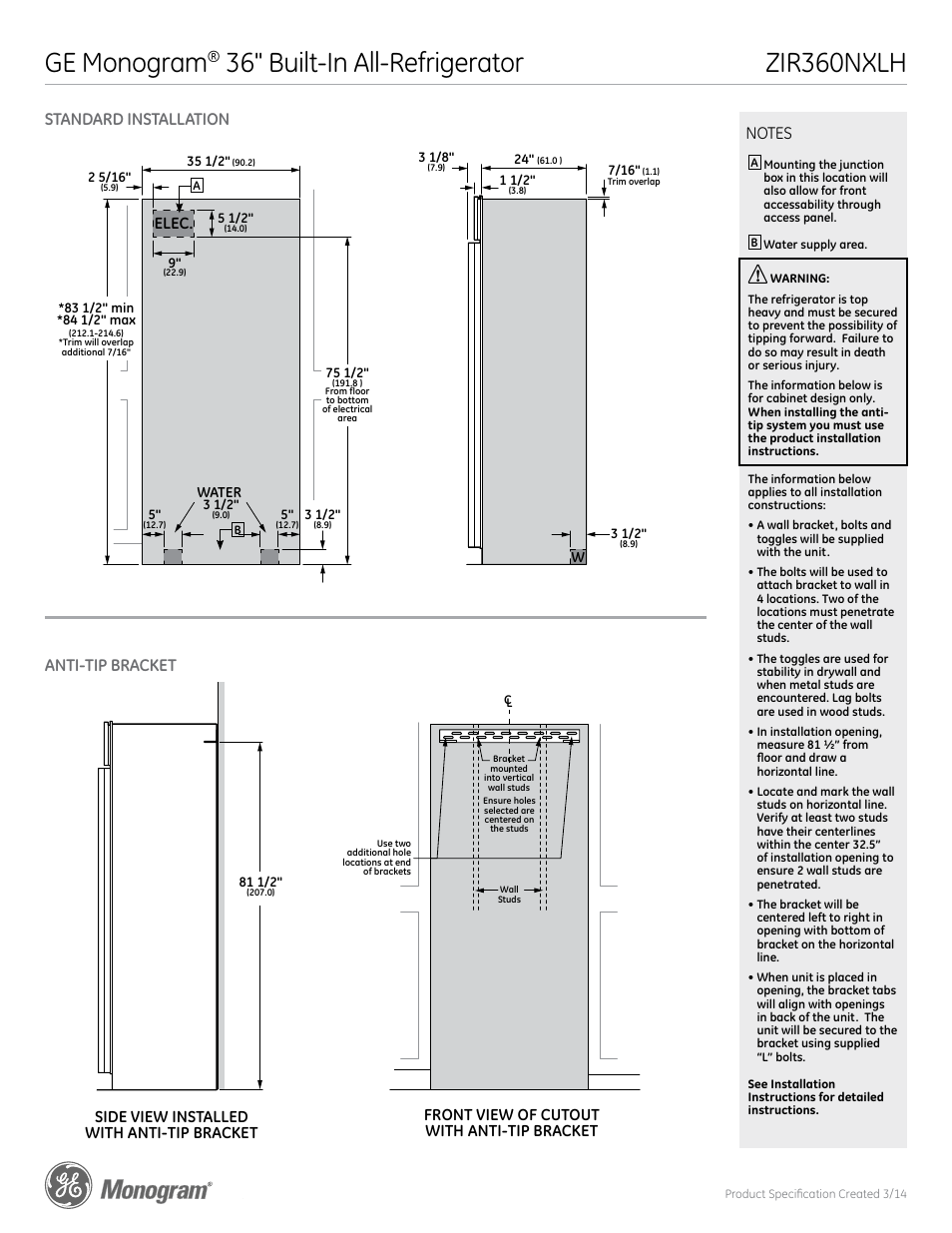 Zir360nxlh ge monogram, 36" built-in all-refrigerator, Zir360nxlh | Front view side view, Elec, Side view installed with anti-tip bracket, Front view of cutout with anti-tip bracket | GE ZIR360NXLH User Manual | Page 2 / 6