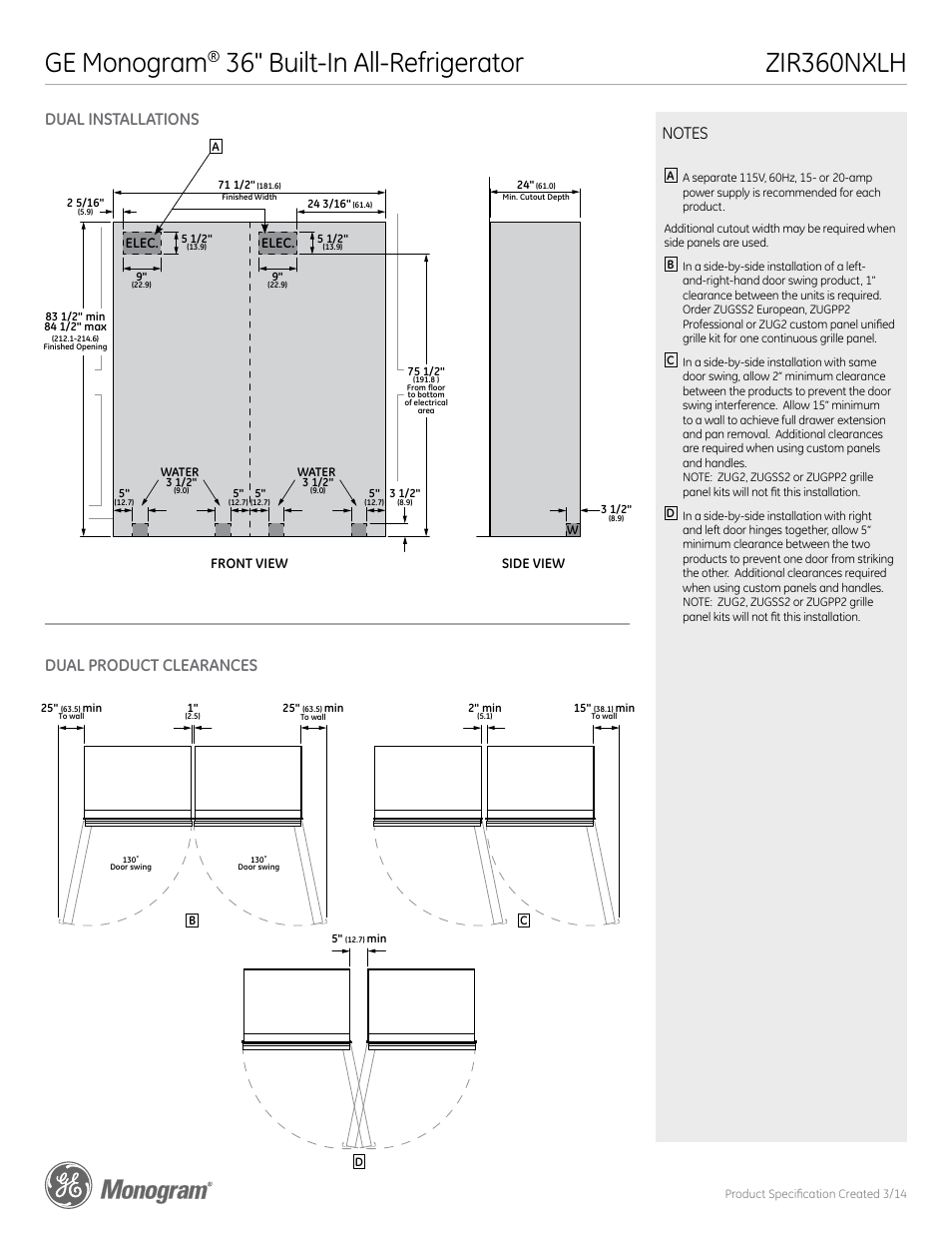 Zir360nxlh ge monogram, 36" built-in all-refrigerator, Dual product clearances dual installations | Front view elec, Elec. side view | GE ZIR360NXLH User Manual | Page 4 / 6