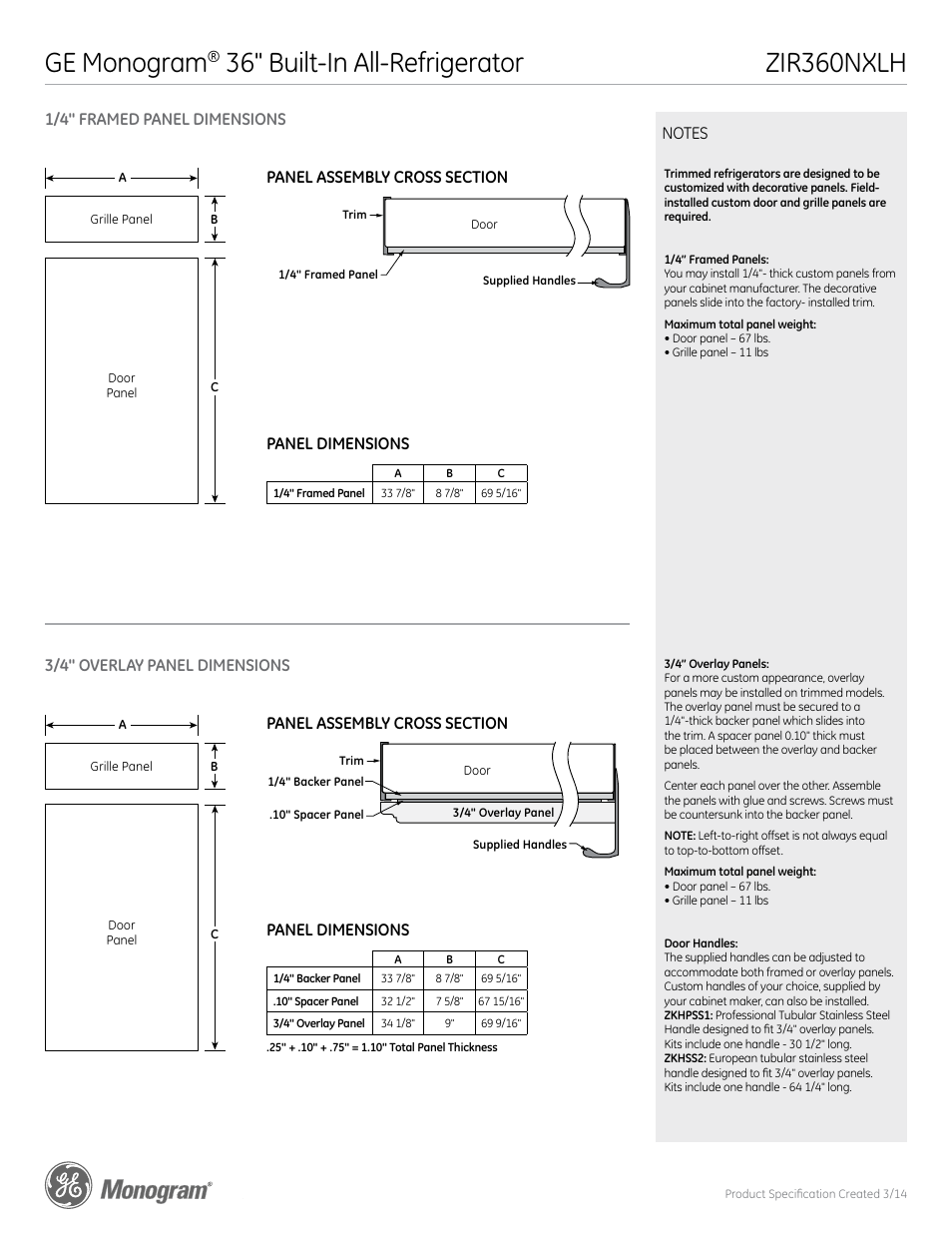 Zir360nxlh ge monogram, 36" built-in all-refrigerator | GE ZIR360NXLH User Manual | Page 5 / 6