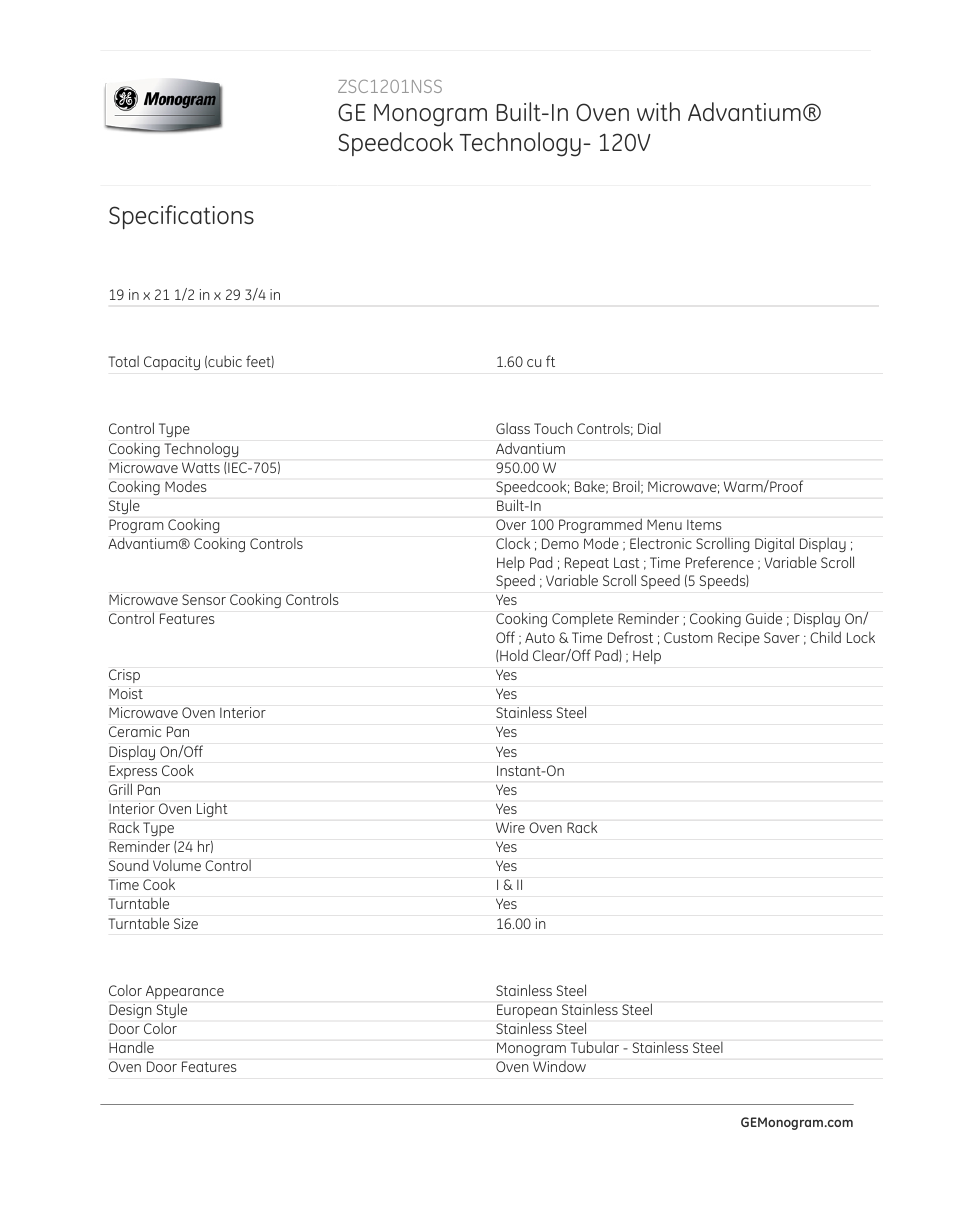 Specifications, Zsc1201nss | GE ZSC1201NSS User Manual | Page 2 / 3