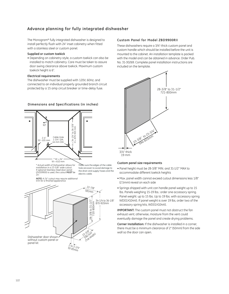 Custom panel, Advance planning for fully integrated dishwasher | GE ZBD9900RII User Manual | Page 2 / 2