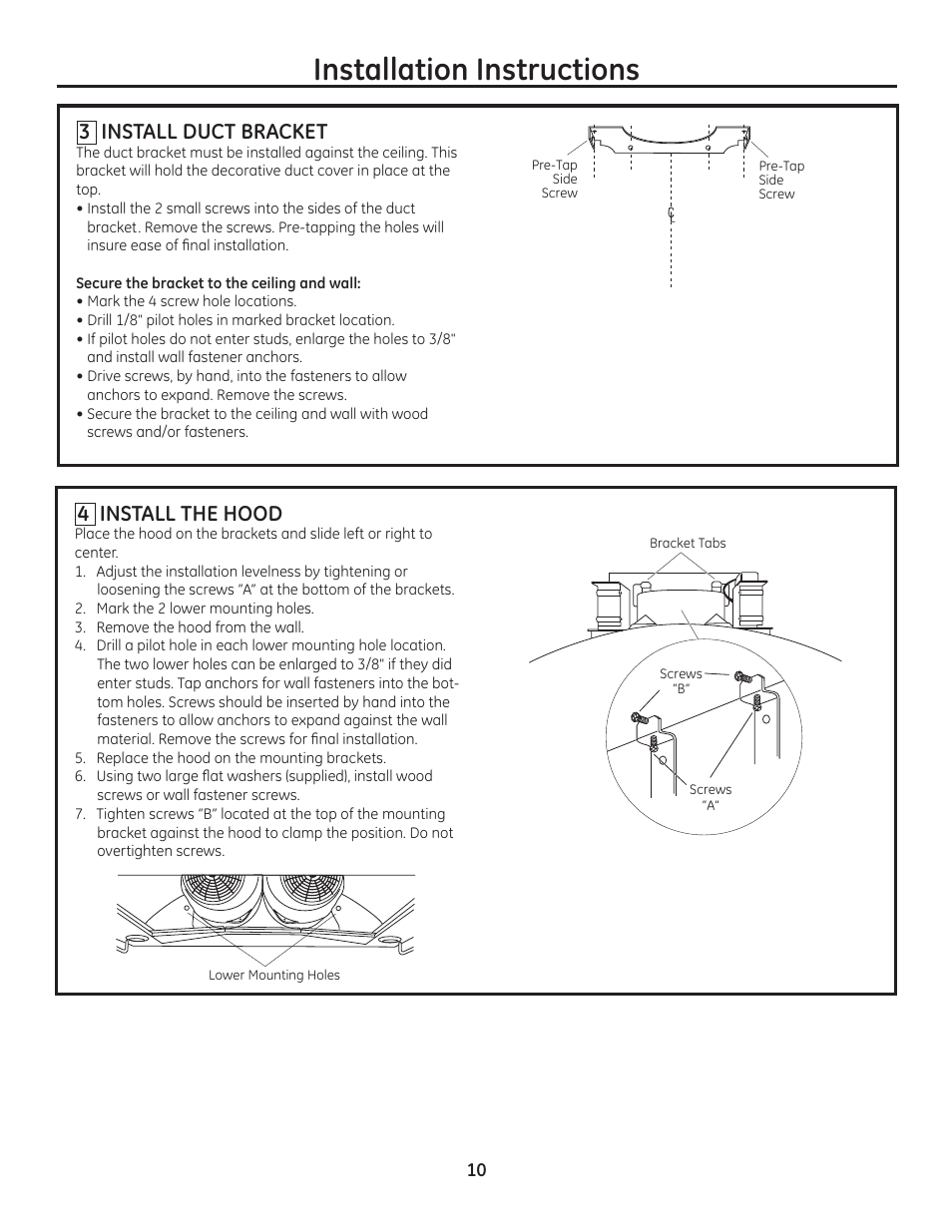 Installation instructions, 4 install the hood, 3 install duct bracket | GE ZV950SDSS User Manual | Page 10 / 12