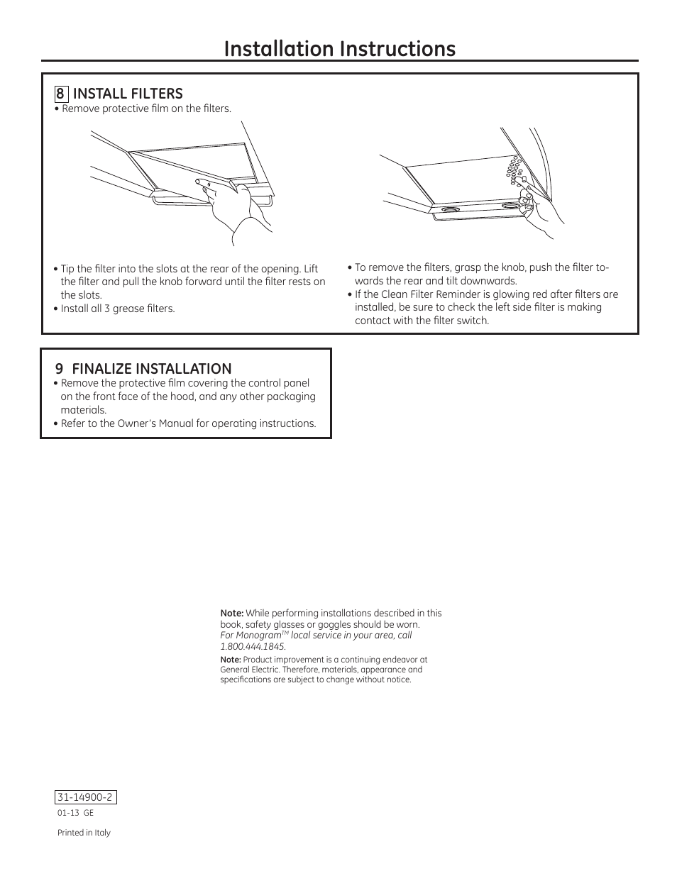 Installation instructions, 8 install filters, 9 finalize installation | GE ZV950SDSS User Manual | Page 12 / 12