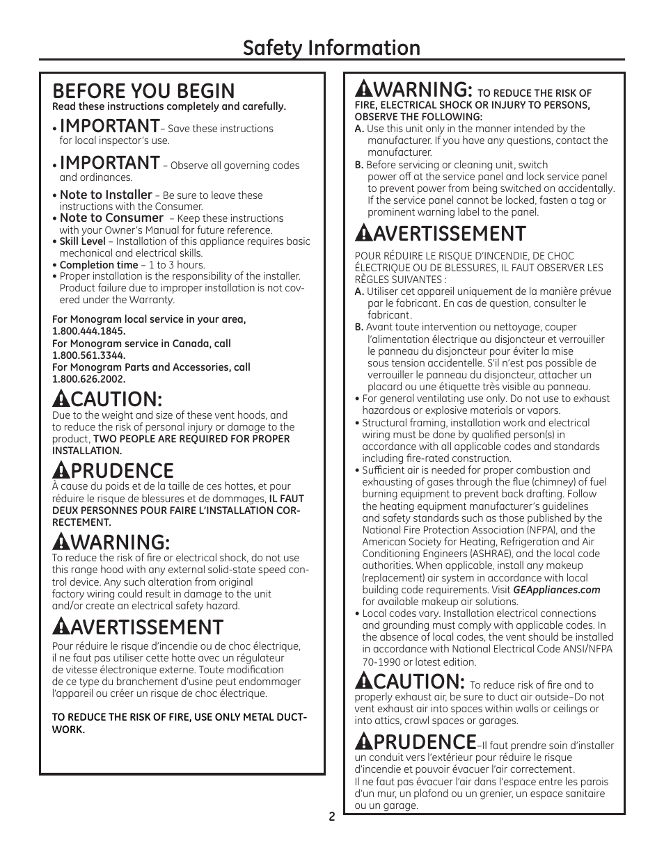 Safety information warning, Avertissement, Caution | Prudence, Before you begin, Warning, Important | GE ZV950SDSS User Manual | Page 2 / 12