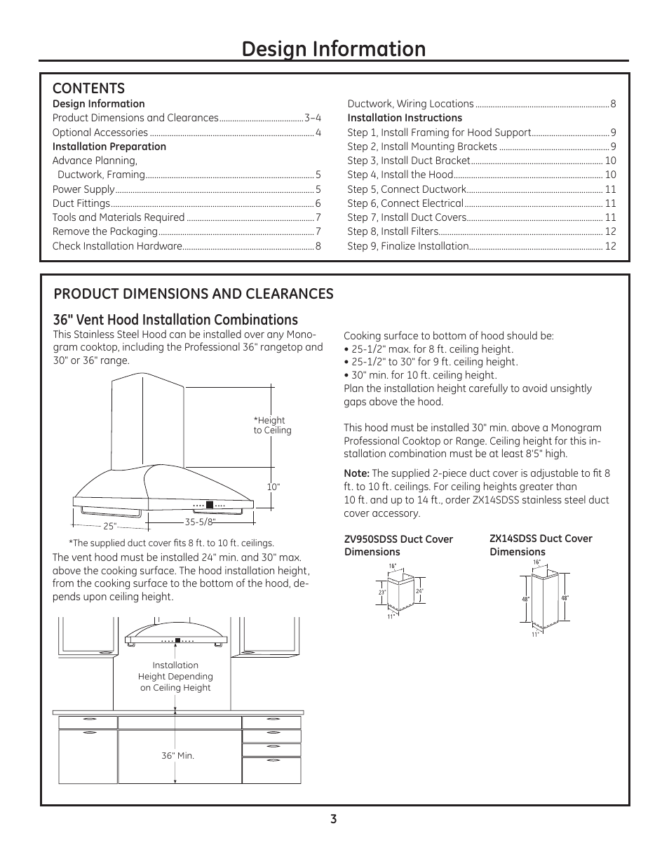 Design information, Product dimensions and clearances contents, 36" vent hood installation combinations | GE ZV950SDSS User Manual | Page 3 / 12