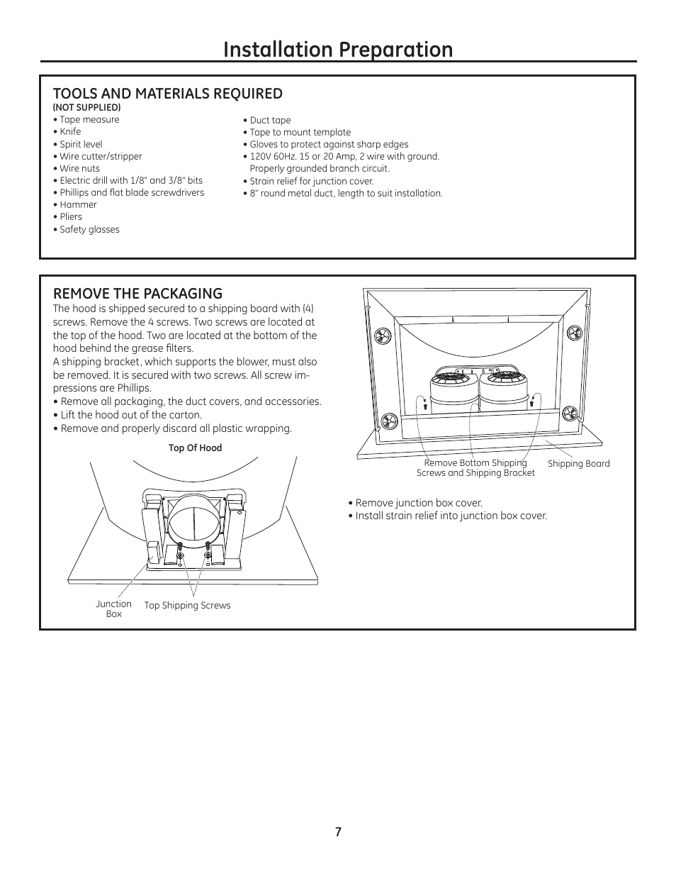 Installation preparation, Tools and materials required, Remove the packaging | GE ZV950SDSS User Manual | Page 7 / 12