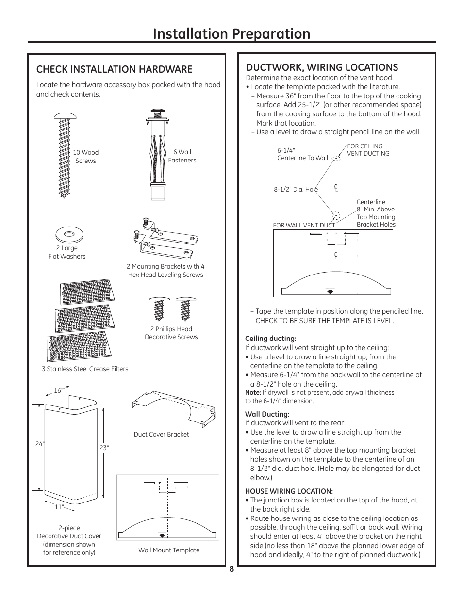 Installation preparation, Ductwork, wiring locations, Check installation hardware | GE ZV950SDSS User Manual | Page 8 / 12