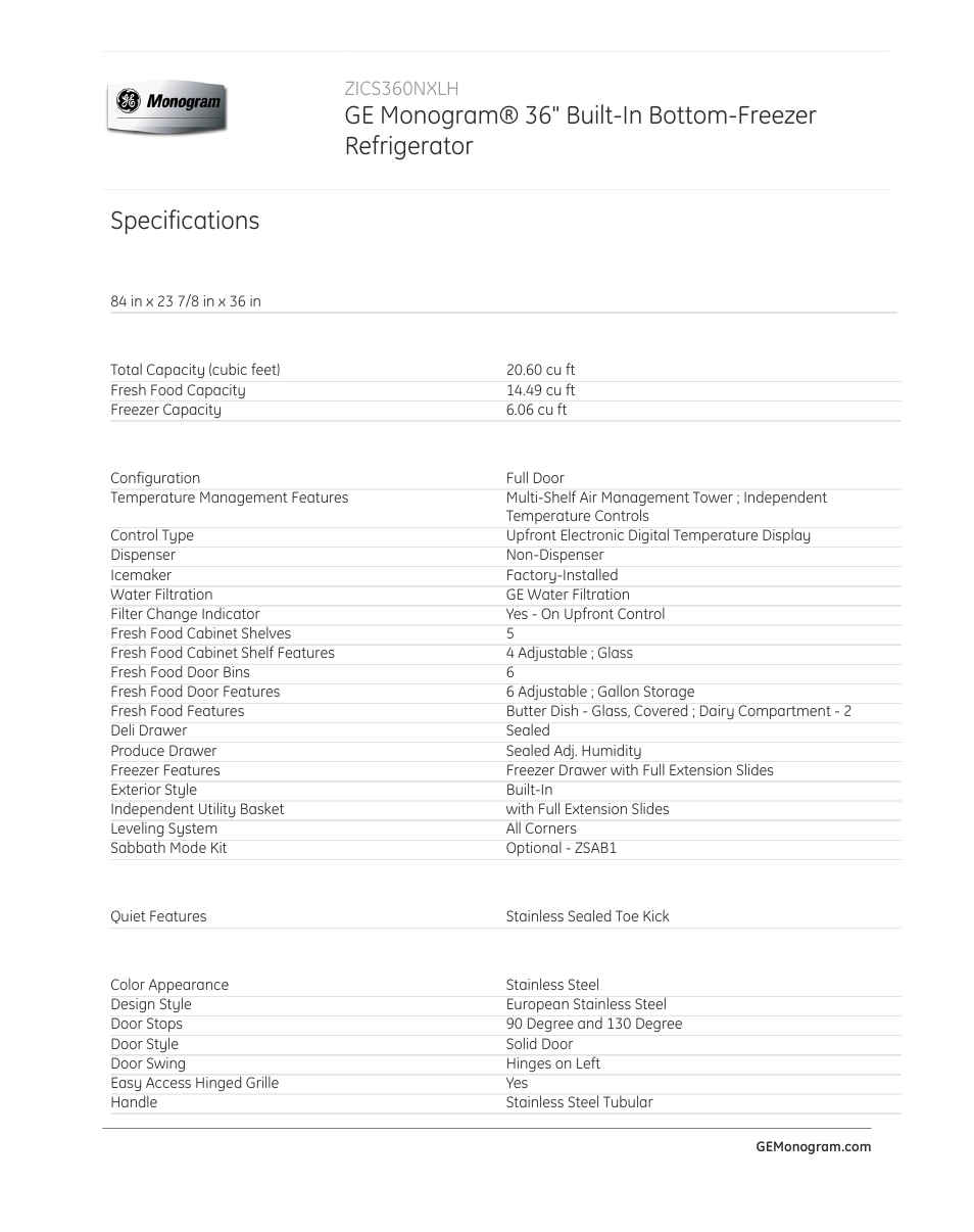 Specifications, Zics360nxlh | GE ZICS360NXLH User Manual | Page 2 / 3
