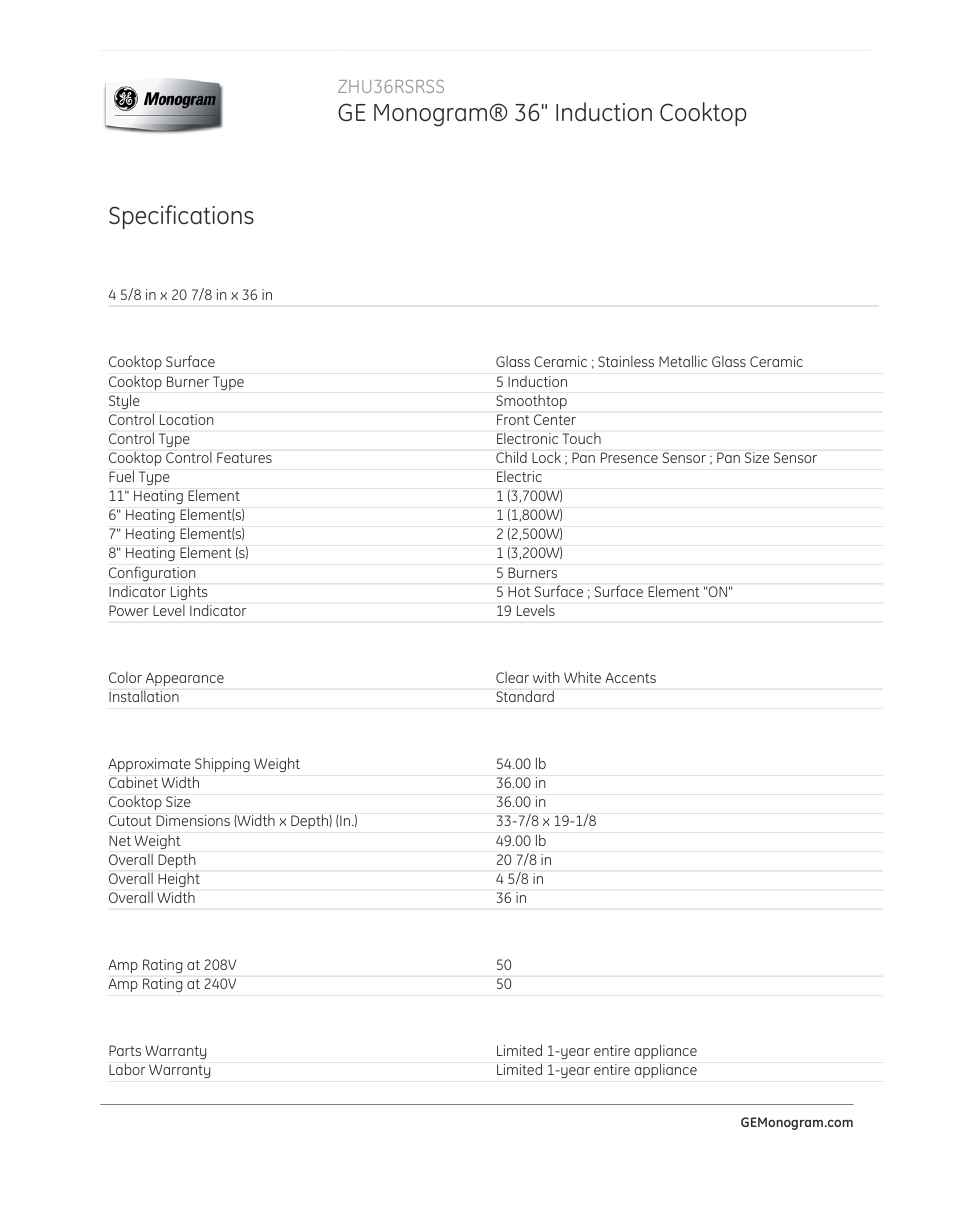 Ge monogram® 36" induction cooktop, Specifications, Zhu36rsrss | GE ZHU36RSRSS User Manual | Page 3 / 4