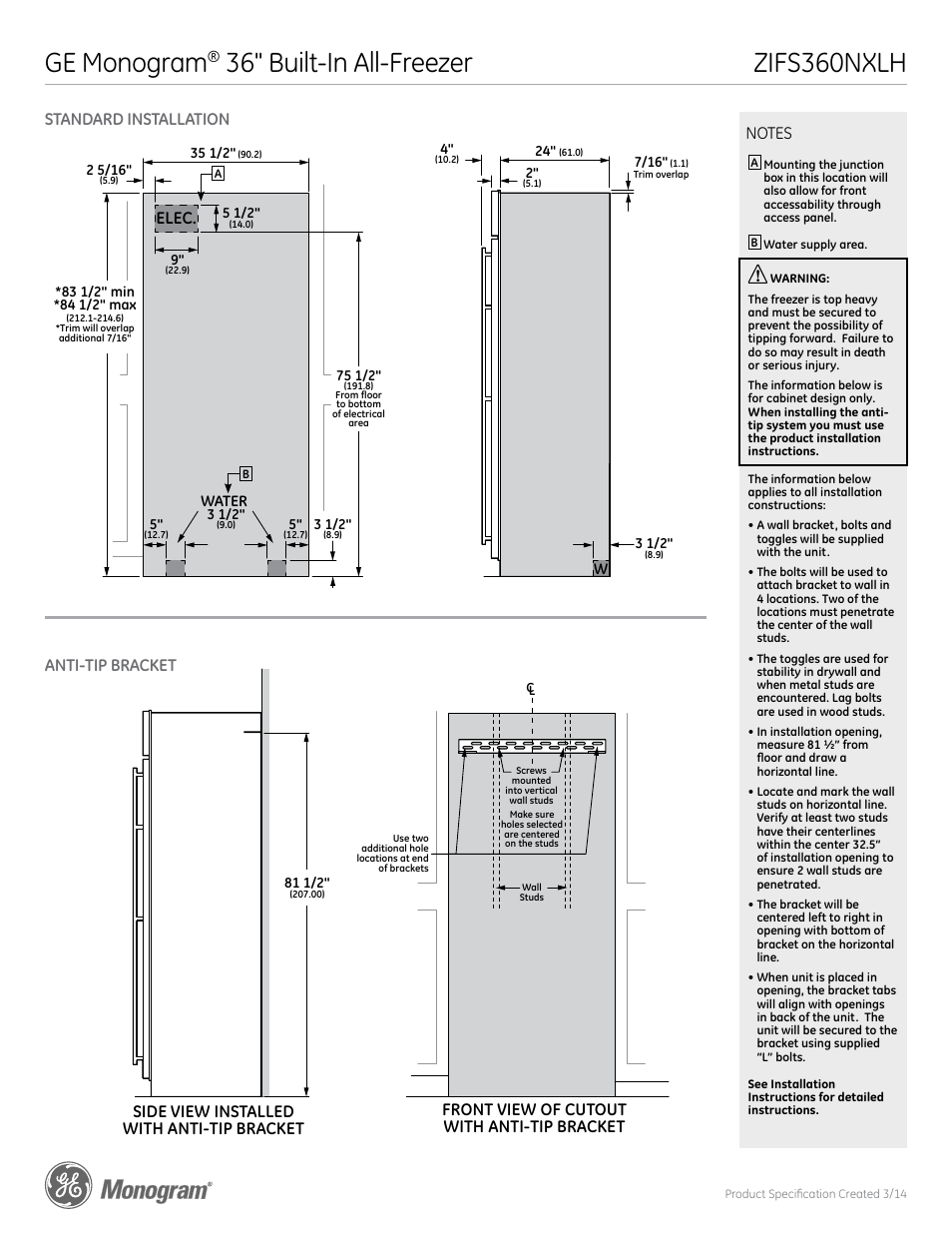 Ge monogram, Zifs360nxlh, Standard installation anti-tip bracket | Front view elec, Front view of cutout with anti-tip bracket | GE ZIFS360NXLH User Manual | Page 2 / 5