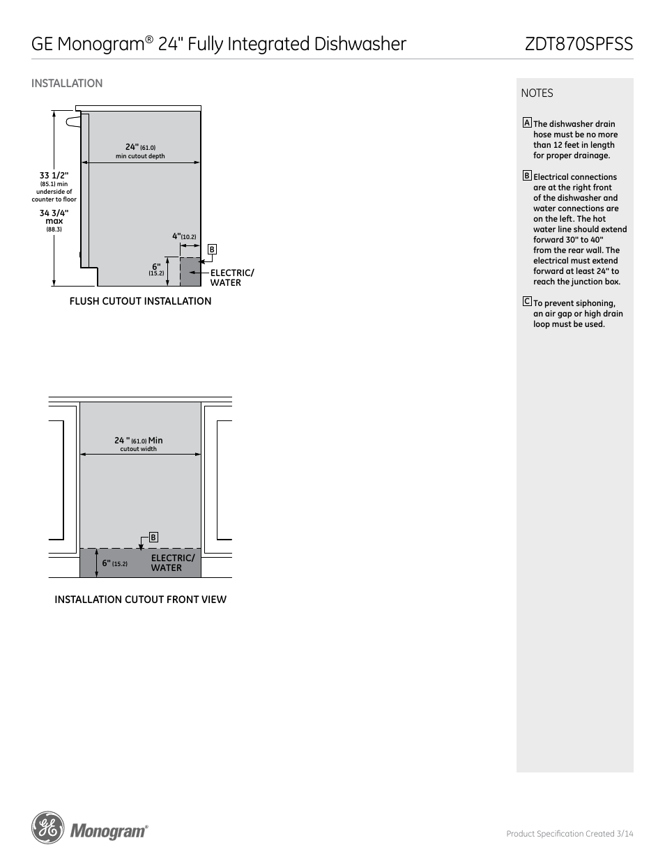 Ge monogram, 24" fully integrated dishwasher, Zdt870spfss | Installation | GE ZDT870SPFSS User Manual | Page 2 / 3