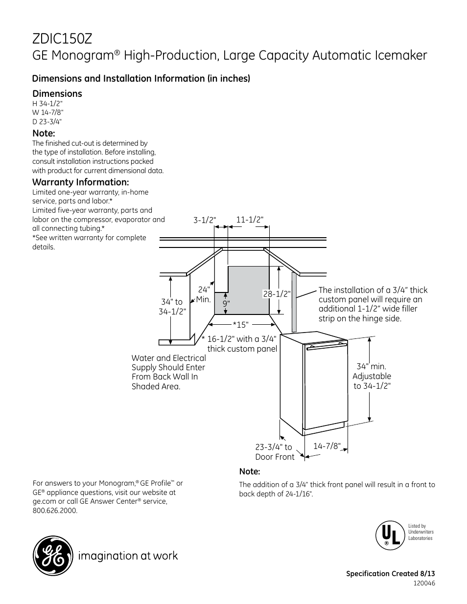 GE ZDIC150ZBB User Manual | 3 pages