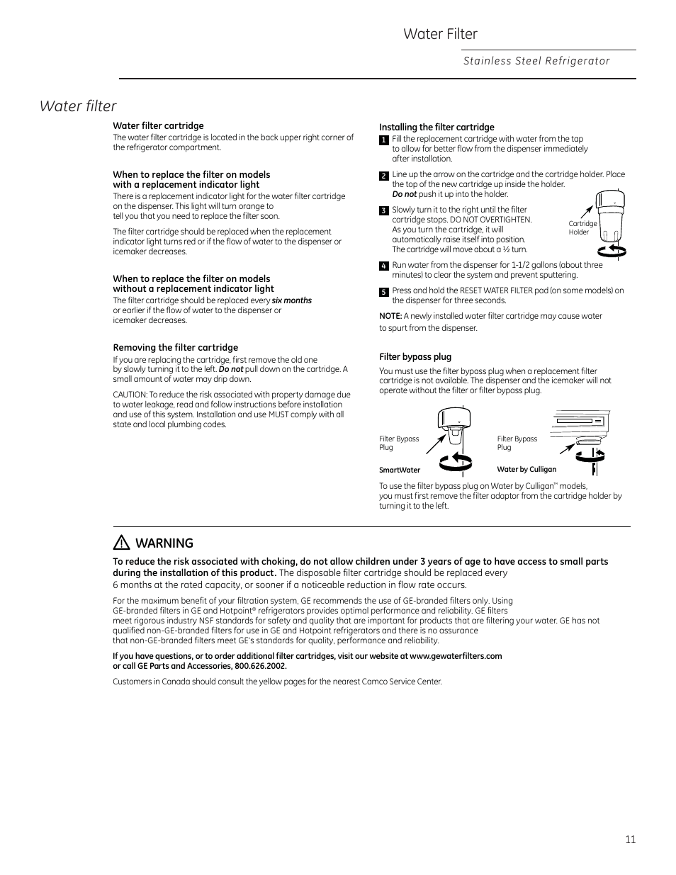 Water filter water filter, Warning | GE ZFGP21HZSS User Manual | Page 11 / 32