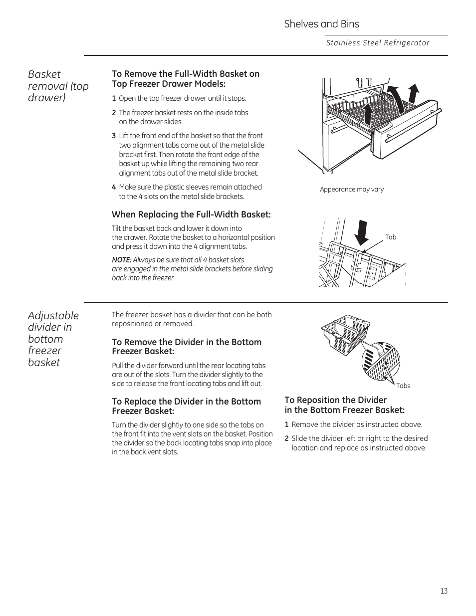 Basket removal (top drawer) shelves and bins, Adjustable divider in bottom freezer basket | GE ZFGP21HZSS User Manual | Page 13 / 32