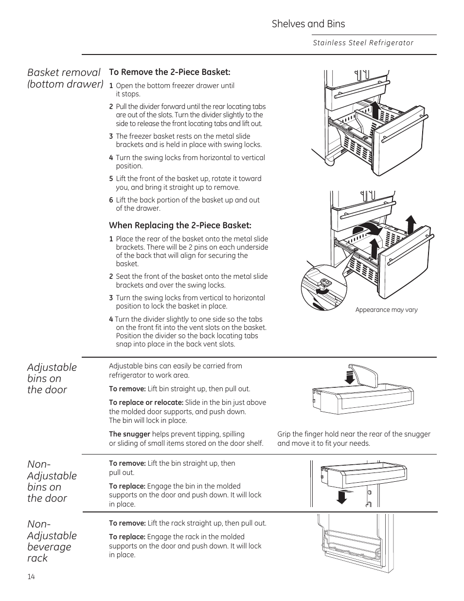 Shelves and bins, Adjustable bins on the door, Basket removal (bottom drawer) | Non- adjustable bins on the door, Non- adjustable beverage rack | GE ZFGP21HZSS User Manual | Page 14 / 32