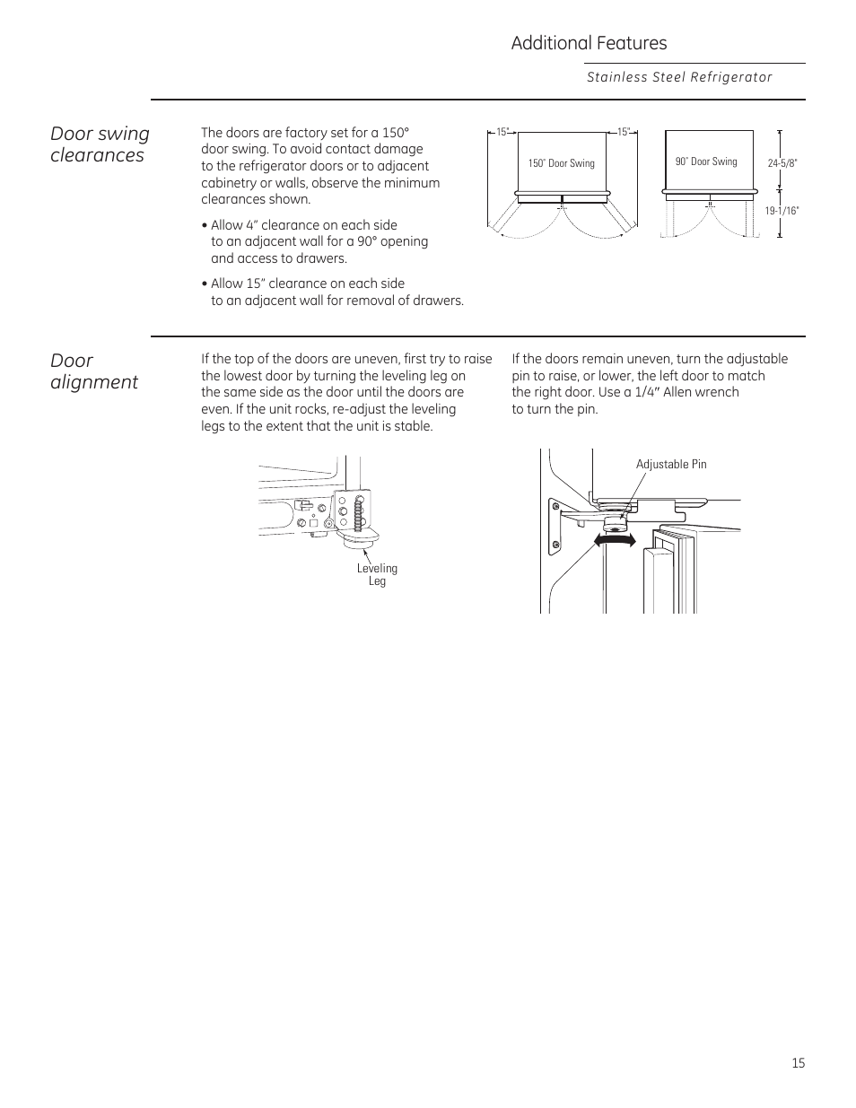 Additional features, Door alignment door swing clearances | GE ZFGP21HZSS User Manual | Page 15 / 32