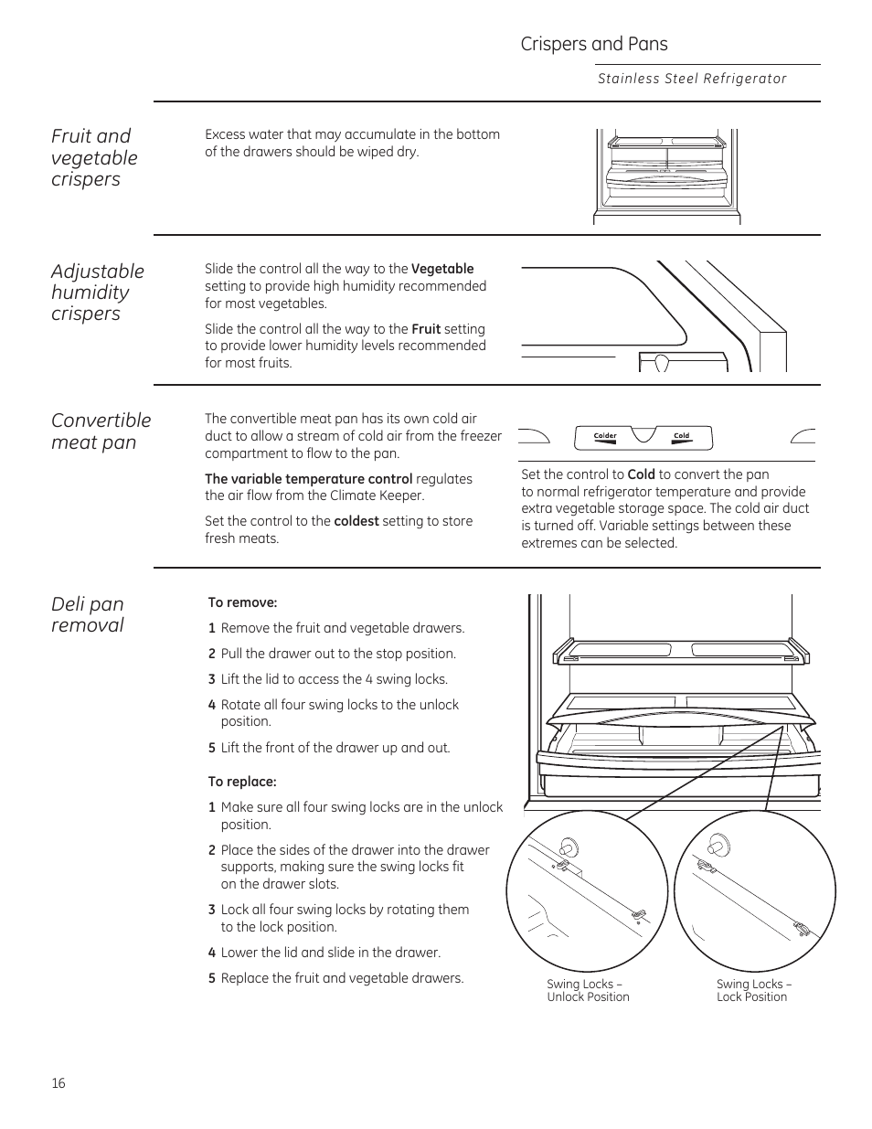 Crispers and pans, Convertible meat pan, Deli pan removal | GE ZFGP21HZSS User Manual | Page 16 / 32