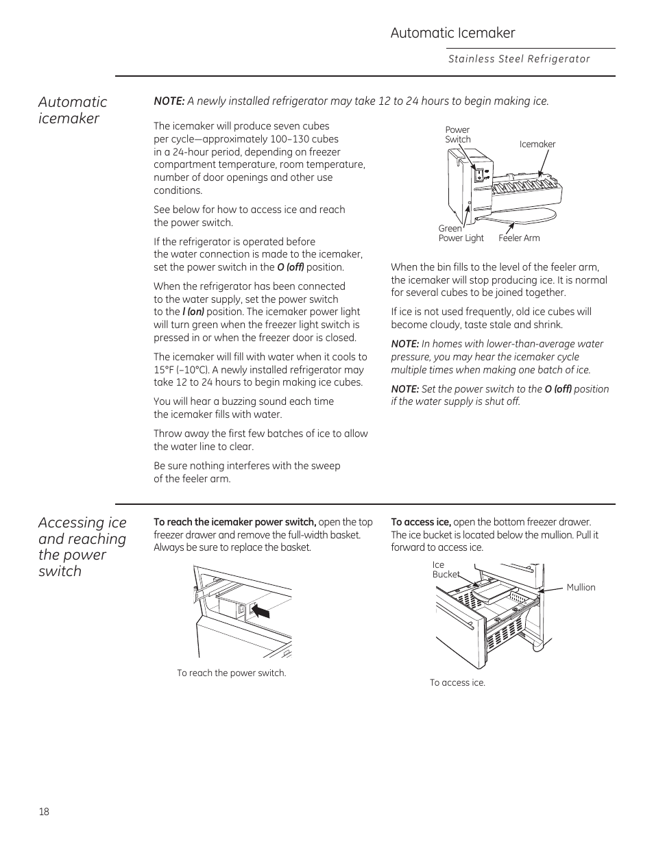 Automatic icemaker, Accessing ice and reaching the power switch | GE ZFGP21HZSS User Manual | Page 18 / 32