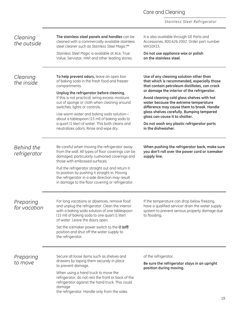 Care and cleaning, Cleaning the outside, Cleaning the inside | Behind the refrigerator, Preparing for vacation, Preparing to move | GE ZFGP21HZSS User Manual | Page 19 / 32