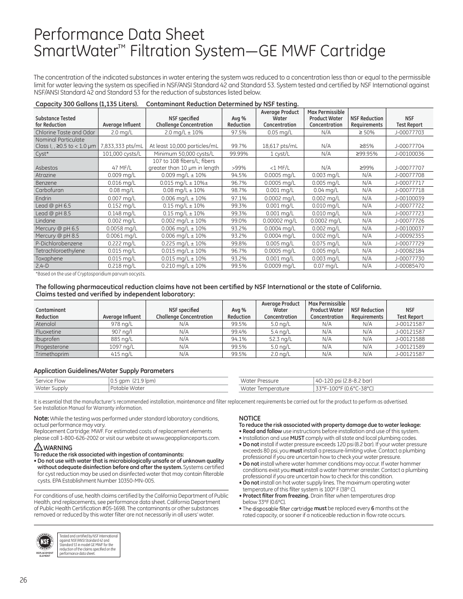 Performance data sheet smartwater, Filtration system³ge mwf cartridge | GE ZFGP21HZSS User Manual | Page 26 / 32