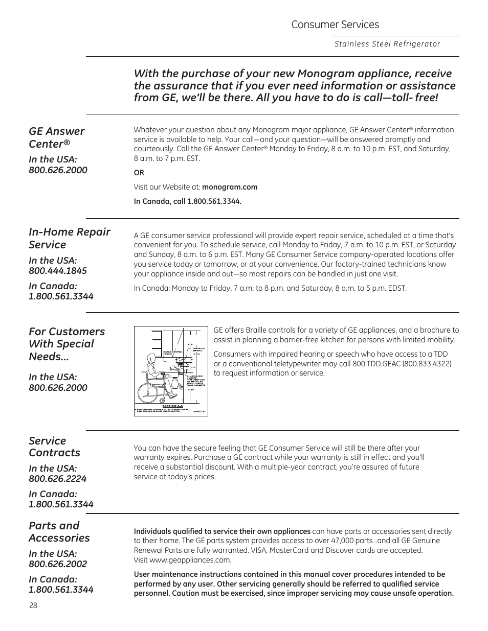 Q+rph5hsdlu service, Service contracts, Parts and accessories | For customers with special needs, Consumer services | GE ZFGP21HZSS User Manual | Page 28 / 32