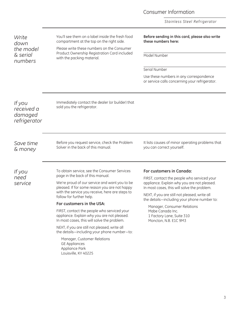 Write down the model & serial numbers, If you received a damaged refrigerator, Save time & money | If you need service, Consumer information | GE ZFGP21HZSS User Manual | Page 3 / 32