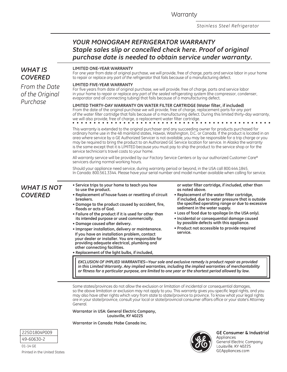 What is not covered | GE ZFGP21HZSS User Manual | Page 32 / 32