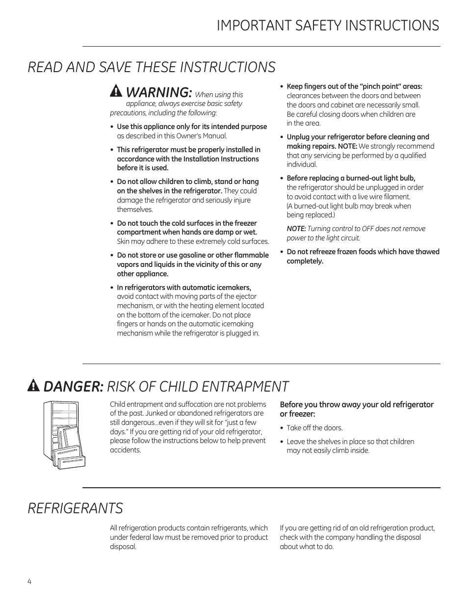 Read and save these instructions, Refrigerants, Warning | GE ZFGP21HZSS User Manual | Page 4 / 32