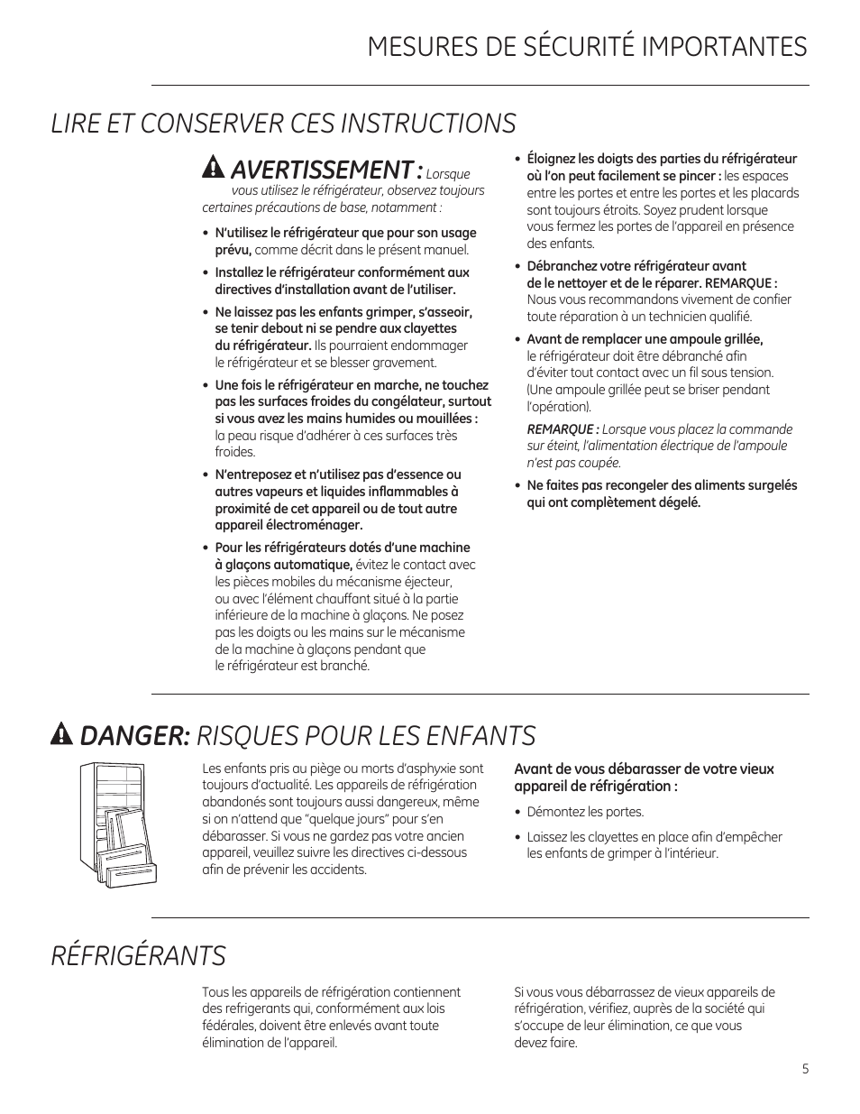 Danger: risques pour les enfants, Réfrigérants, Avertissement | GE ZFGP21HZSS User Manual | Page 5 / 32