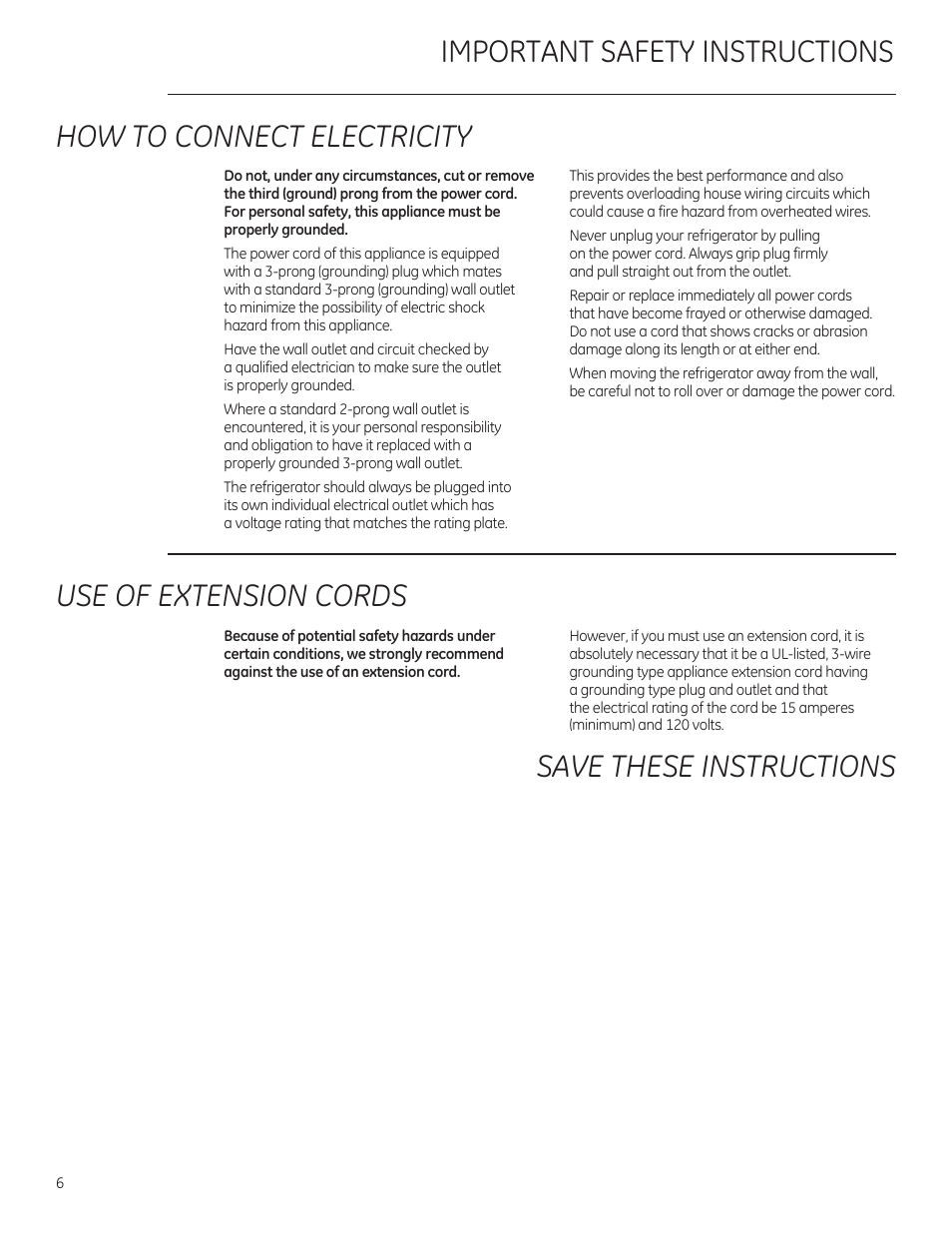 Use of extension cords | GE ZFGP21HZSS User Manual | Page 6 / 32