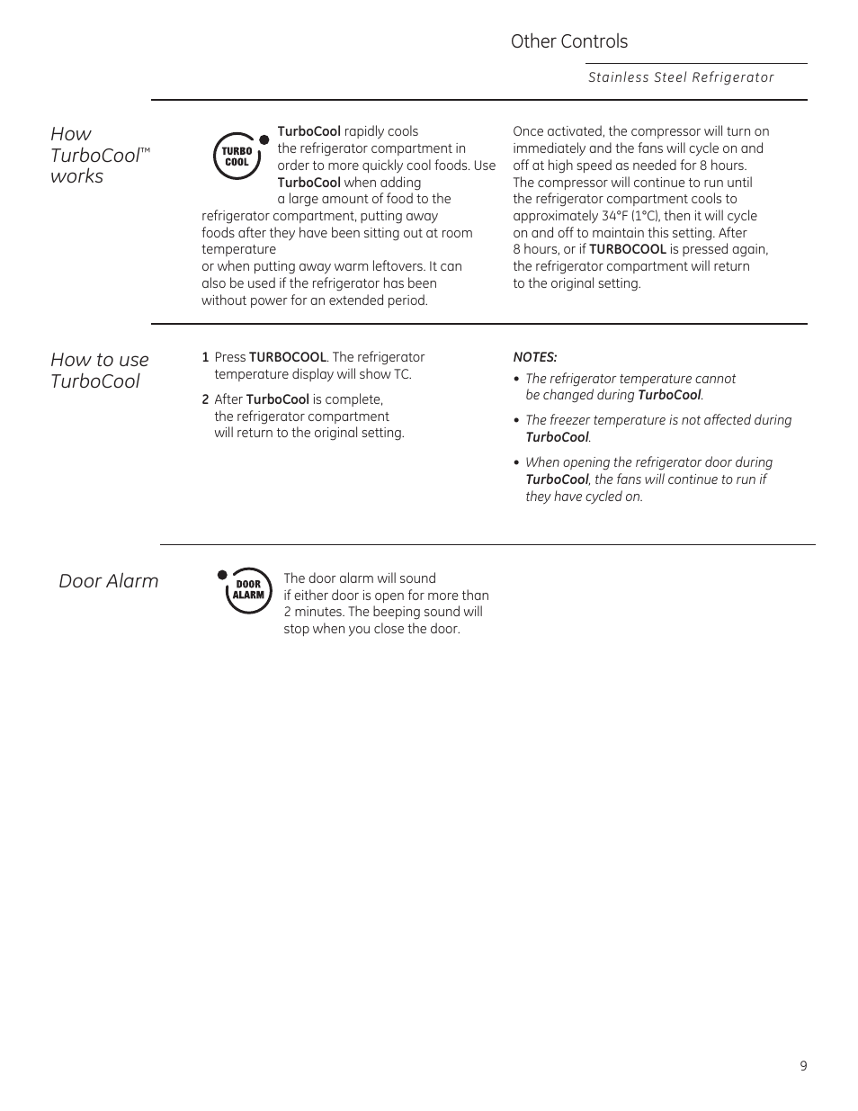 How turbocool, Works, 2wkhu&rqwurov | How to use turbocool, Door alarm | GE ZFGP21HZSS User Manual | Page 9 / 32