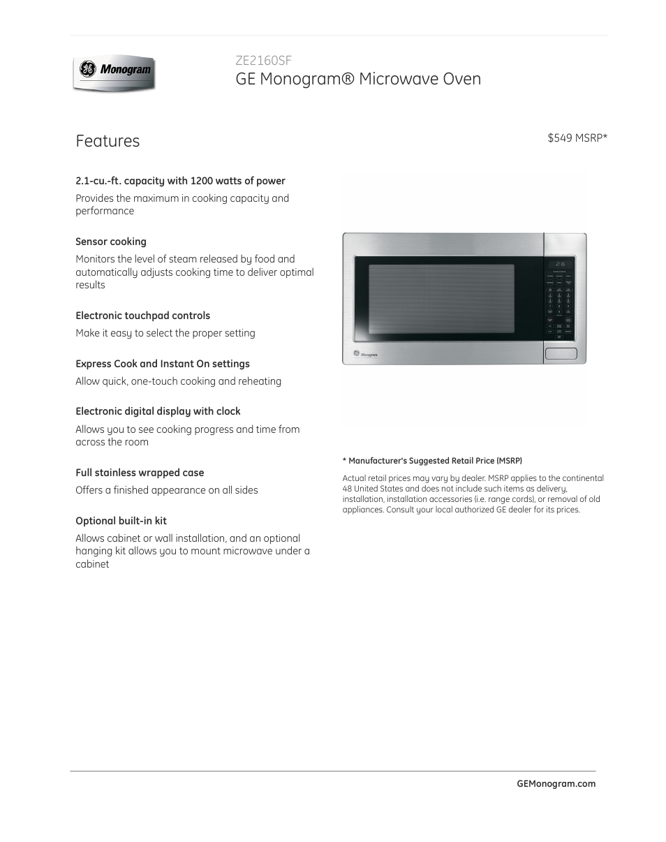 GE ZE2160SF User Manual | 3 pages