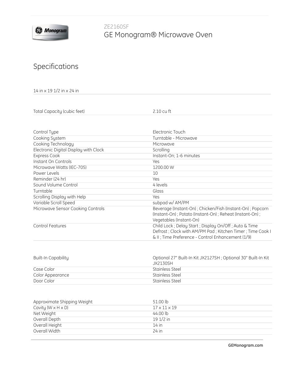 Ge monogram® microwave oven, Specifications, Ze2160sf | GE ZE2160SF User Manual | Page 2 / 3