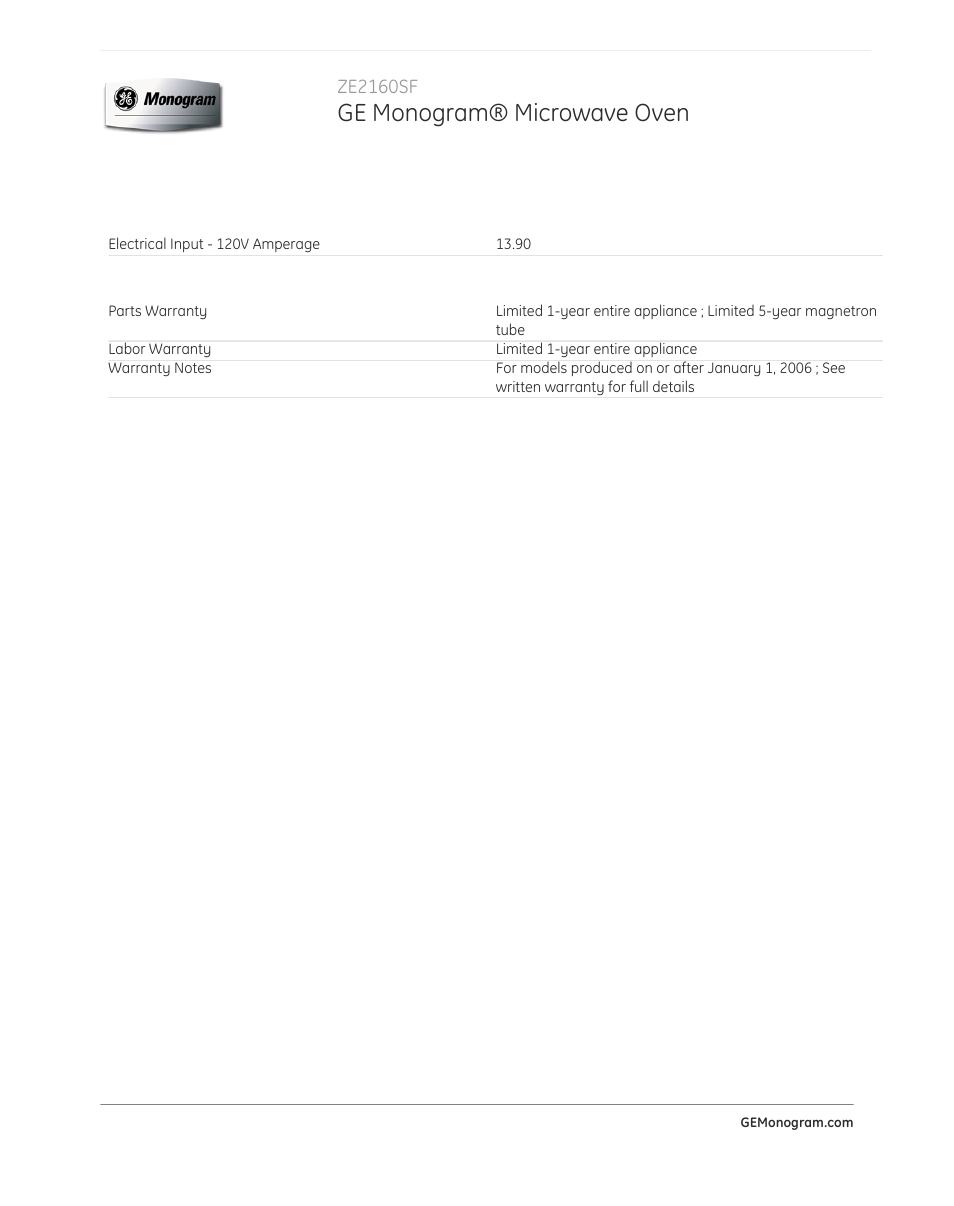 Ge monogram® microwave oven | GE ZE2160SF User Manual | Page 3 / 3