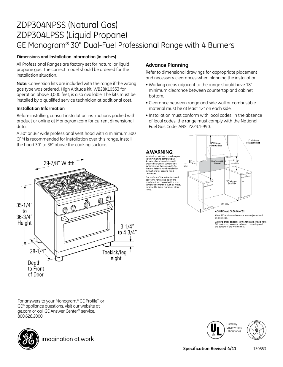 GE ZDP304NPSS User Manual | 3 pages